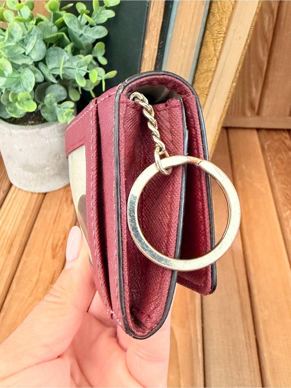 Kate Spade, Dark Cherry Red Saffiano Leather Key Card Wallet, Polka Dot Interior - Picture 6 of 8